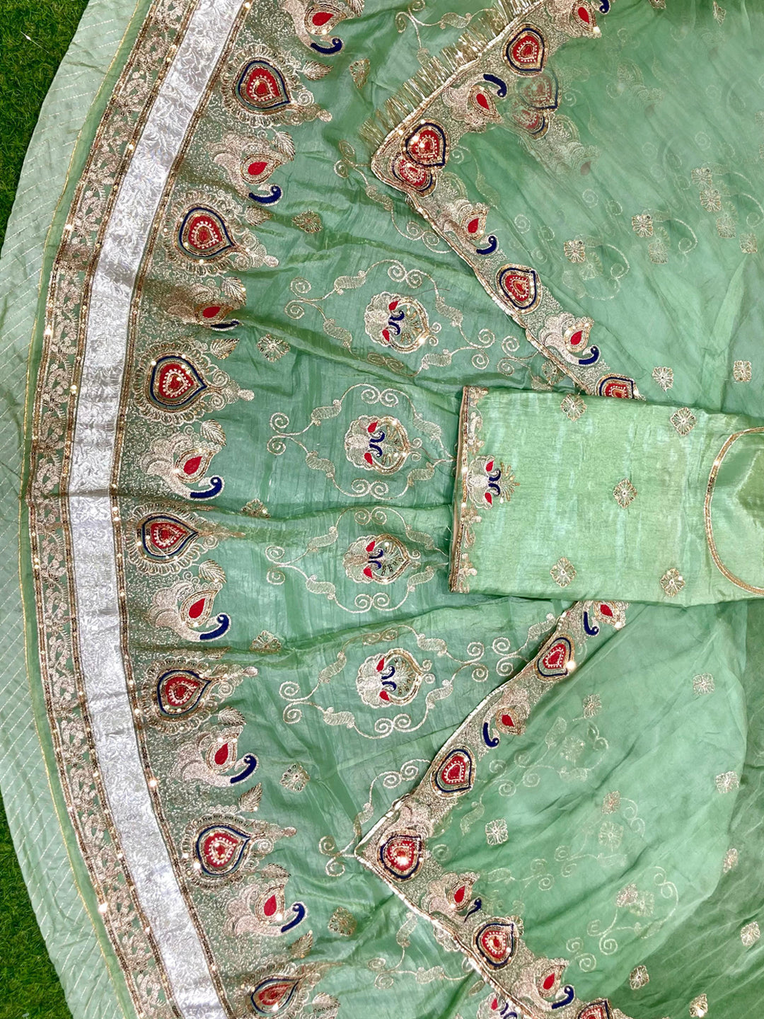 Light Green color Gold Crush Rajputi Poshak with Barik Zari Sequence Work-91699