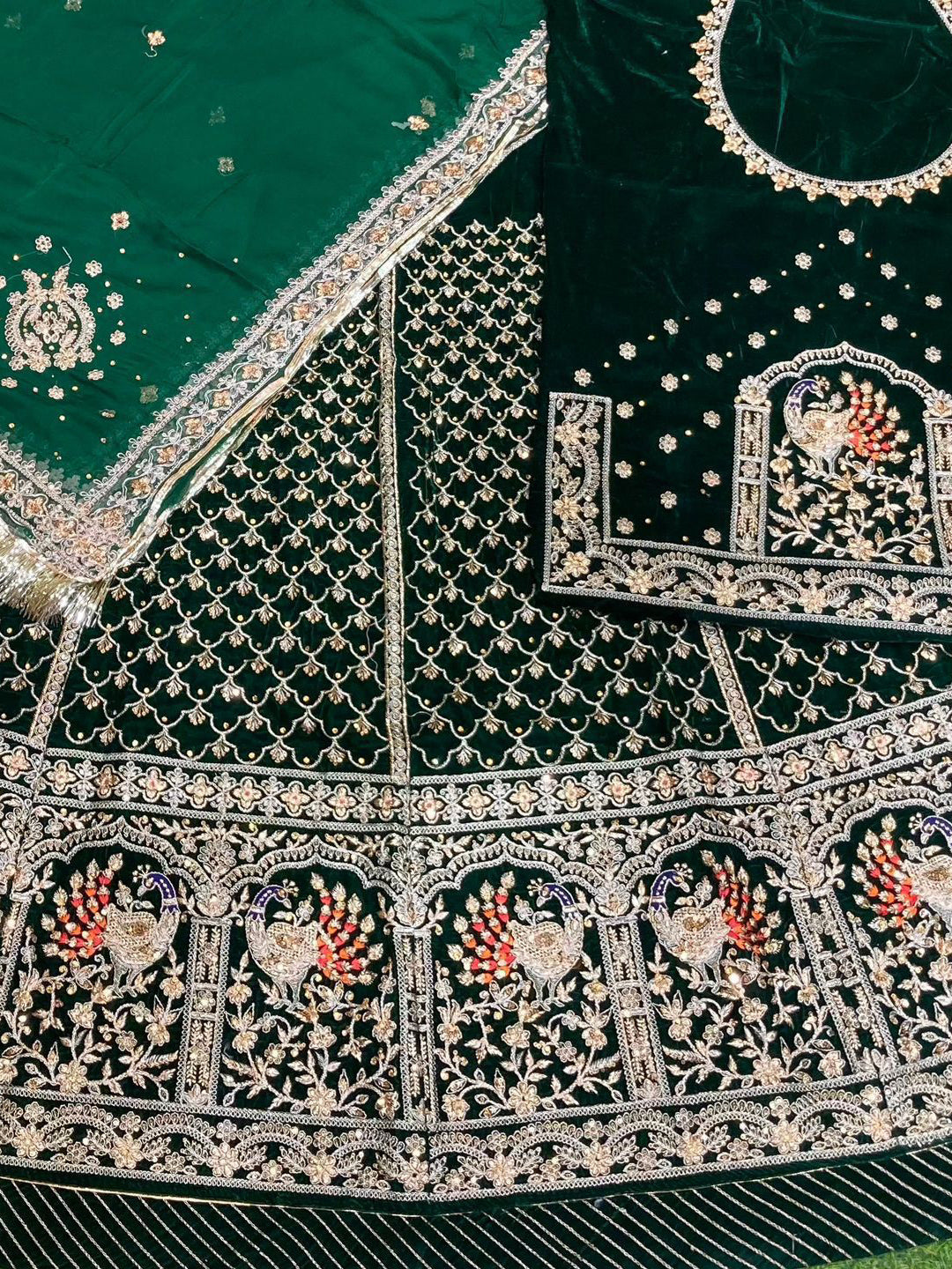 Green Velvet Festival wedding Rajputi Poshak with Codding work-91757