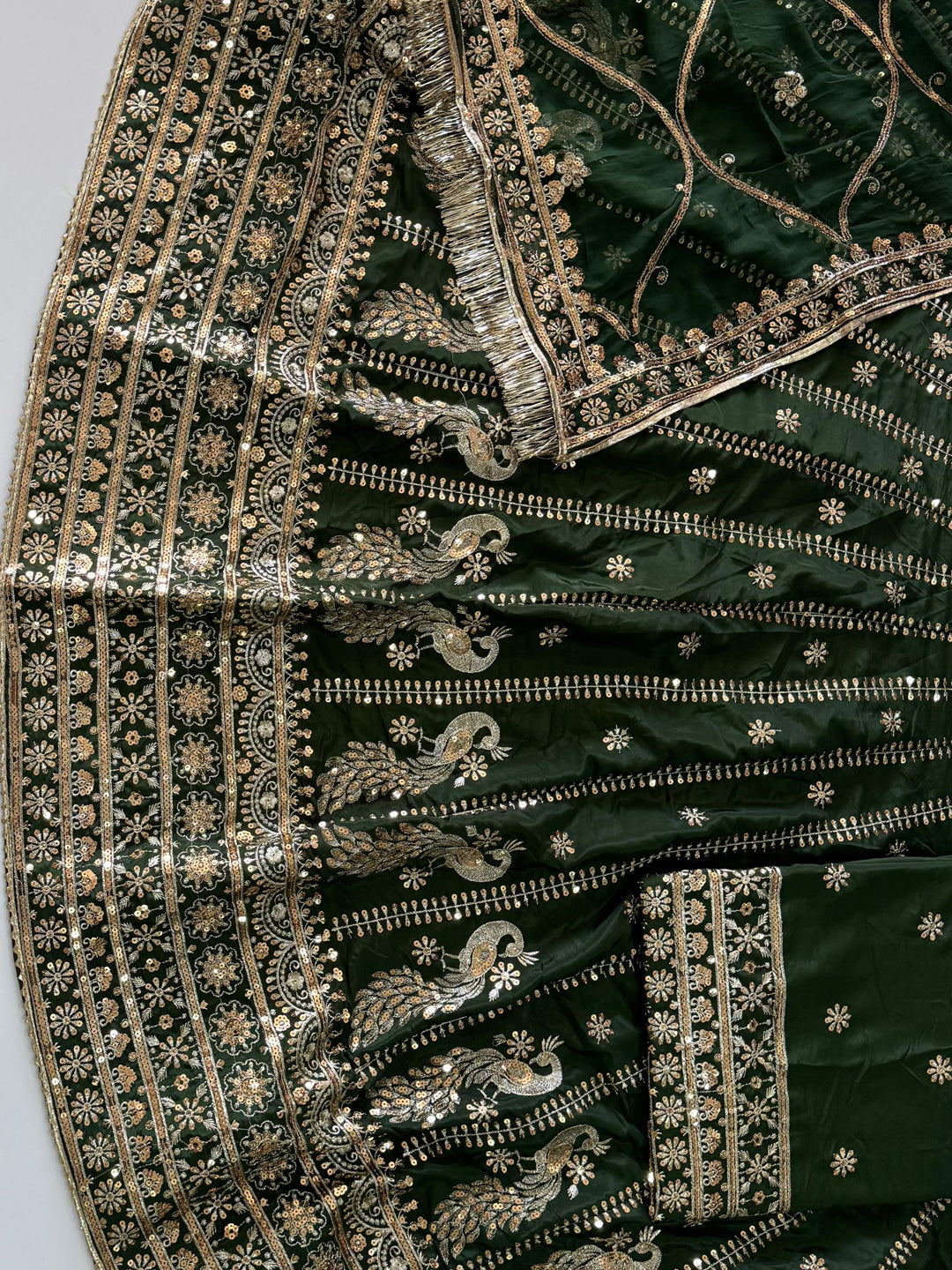 4 Meter flare Heavy Silk Crepe wedding Rajputi Poshak In Green color -91767