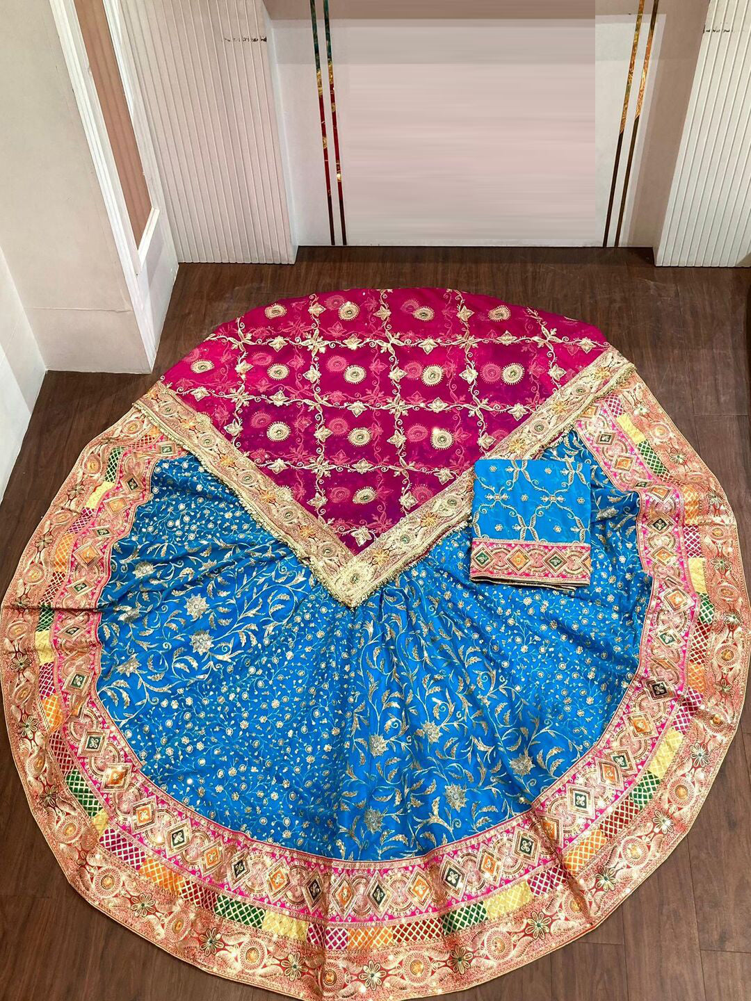 Premium Royal Georgette Contrast Rajputi Poshak in Red Blue – 7 Meter Flare Bridal Gher-91861