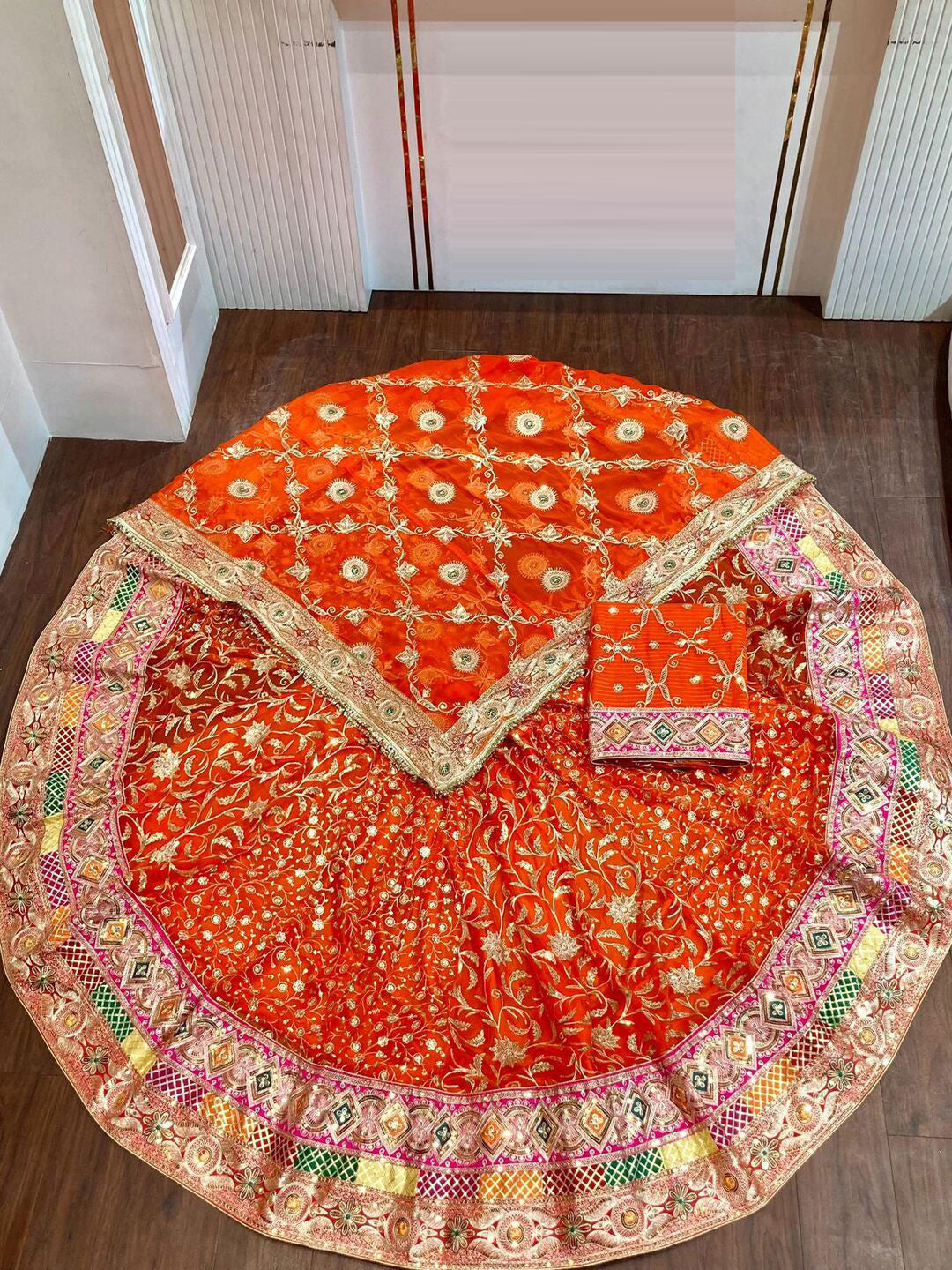 Premium Royal Georgette Contrast Rajputi Poshak in Orange – 7 Meter Flare Bridal Gher-91863