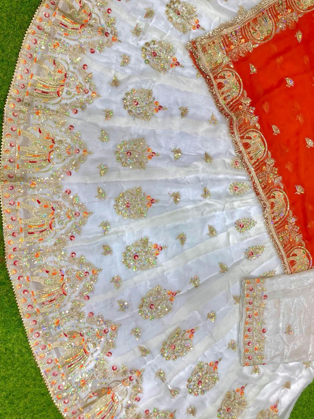Premium Fendy Silk Contrast Vintage Style Rajputi Poshak in White Orange– 4 Meter Flare Bridal Gher-91850