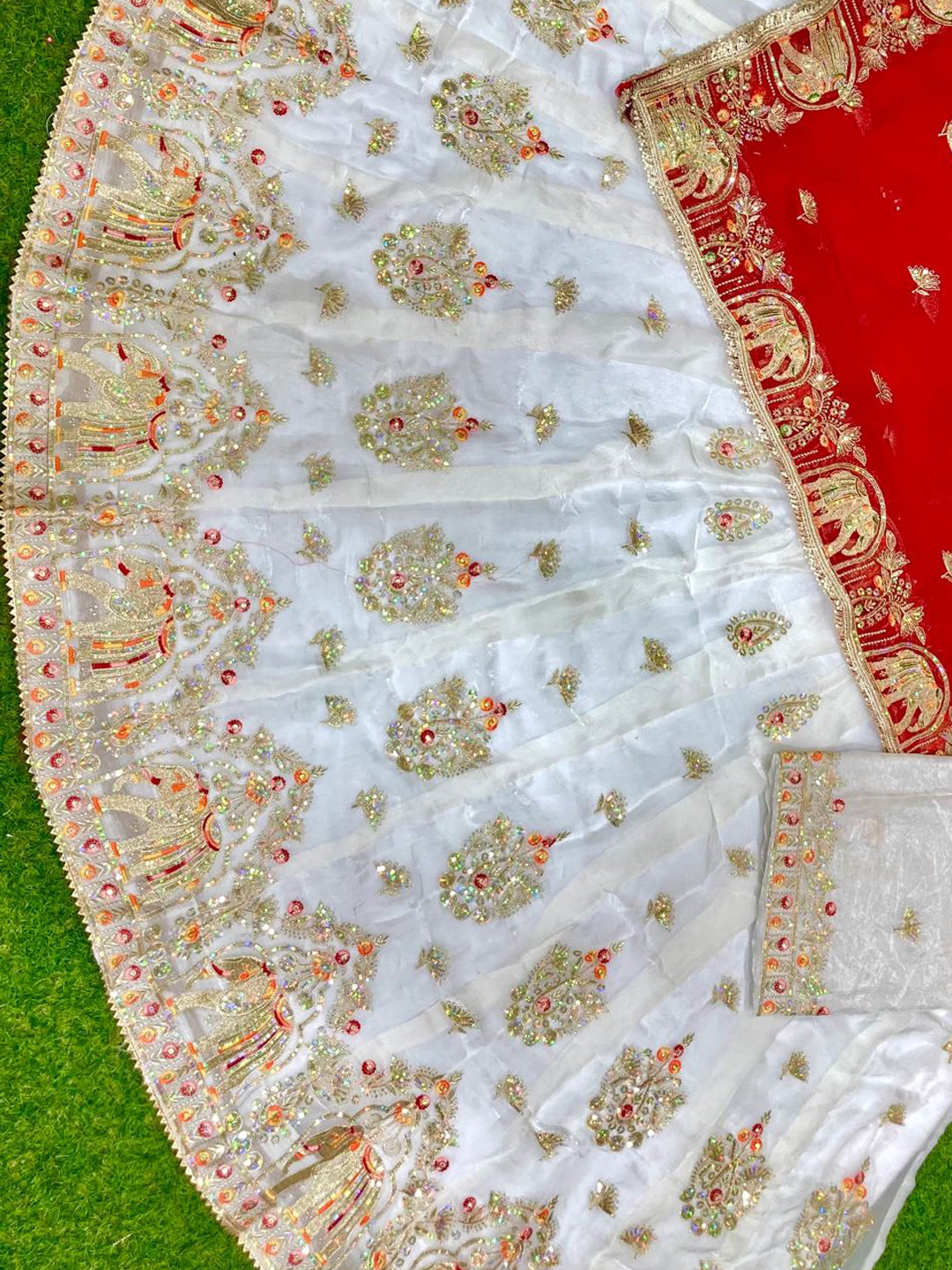 Premium Fendy Silk Contrast Vintage Style Rajputi Poshak in White Red– 4 Meter Flare Bridal Gher-91851