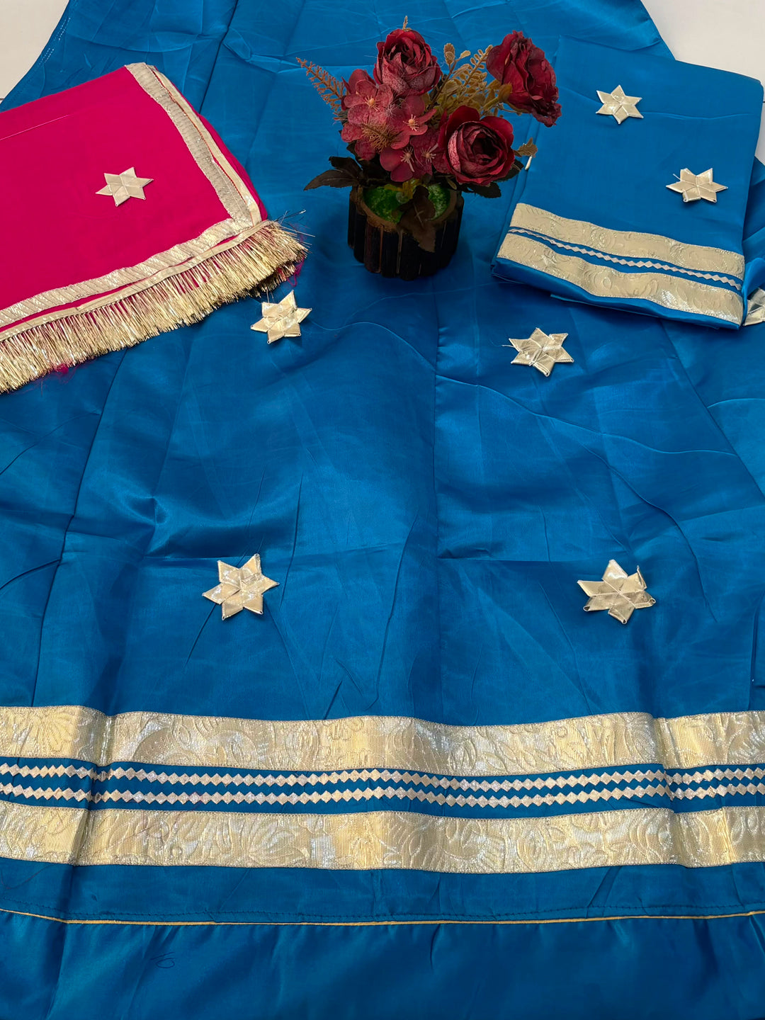 Pink Blue Premium Silk Crepe Rajputi Poshak with Traditional Lafa and Sequence Work-91888