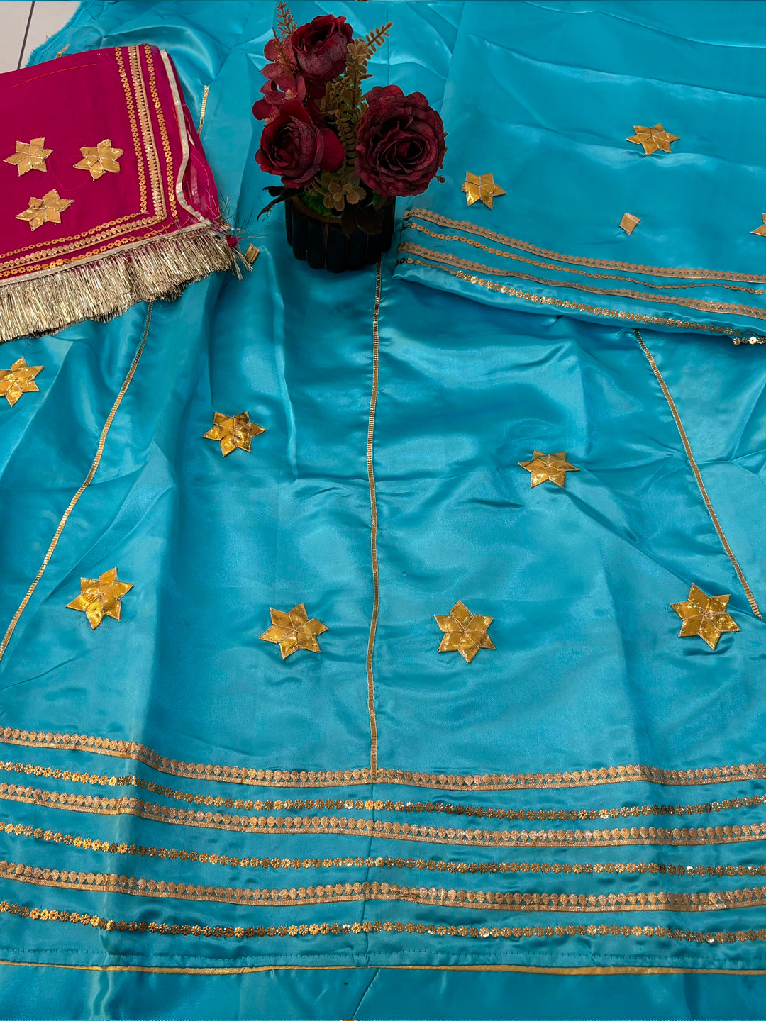 Pink turquoise Premium Silk Crepe Rajputi Poshak with Traditional Lafa and Sequence Work-91889