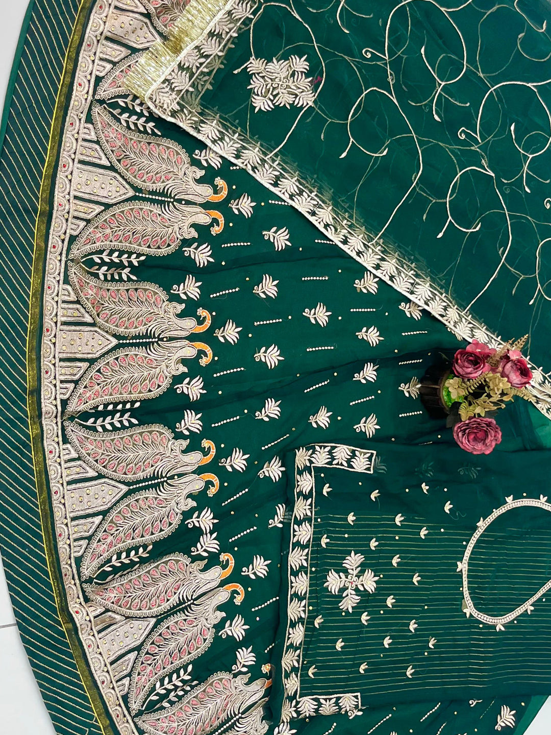 Green Half Pure Rajputi Poshak with Traditional Lafa and Sequence Work-91925
