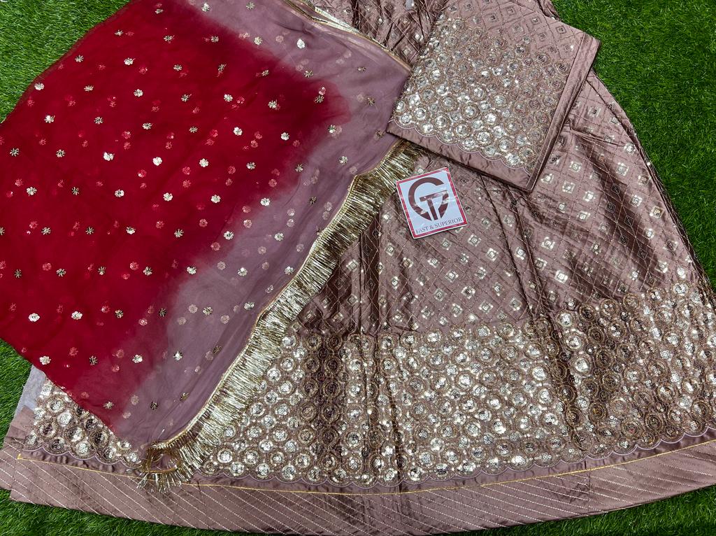 Double Saded Tara Codding Jall Satin Traditional Rajputi Poshak In Peach