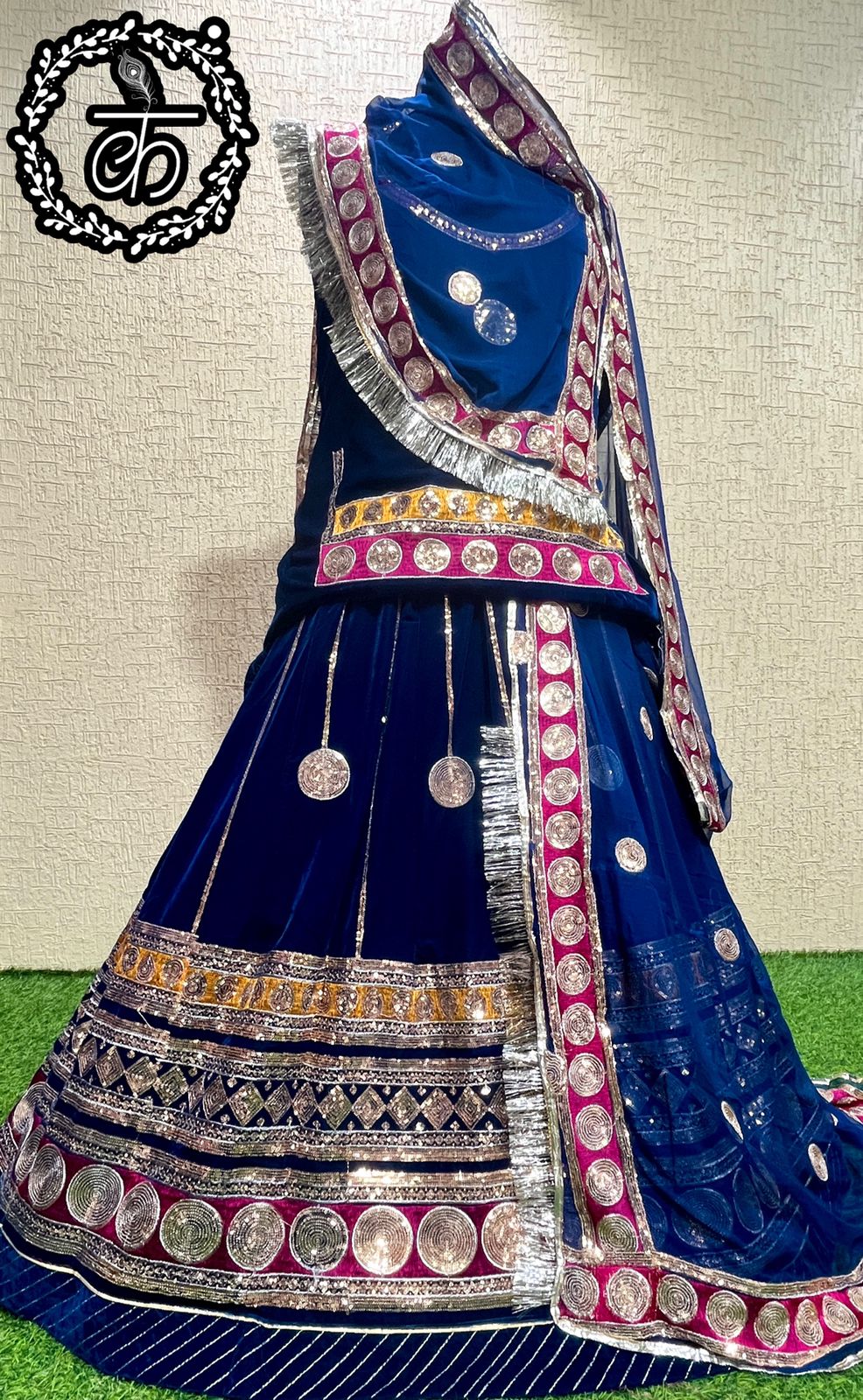 Velvet wedding Sangeet Sequence work Rajputi Poshak In Blue Color-82013