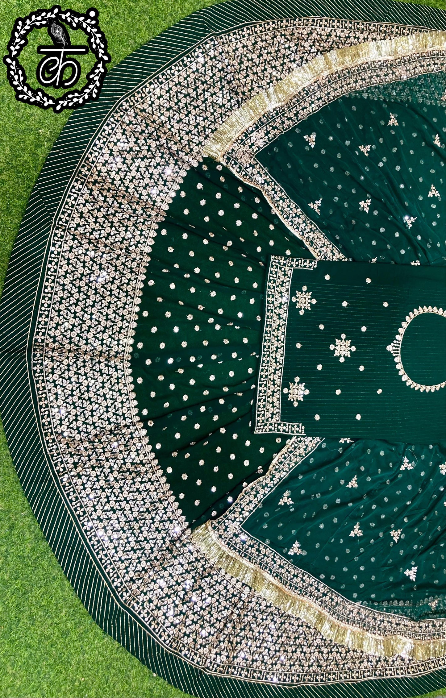 Tikki Sequence Blooming Georgette Traditional Full Gher Wedding Rajputi Poshak In Green Color-81935