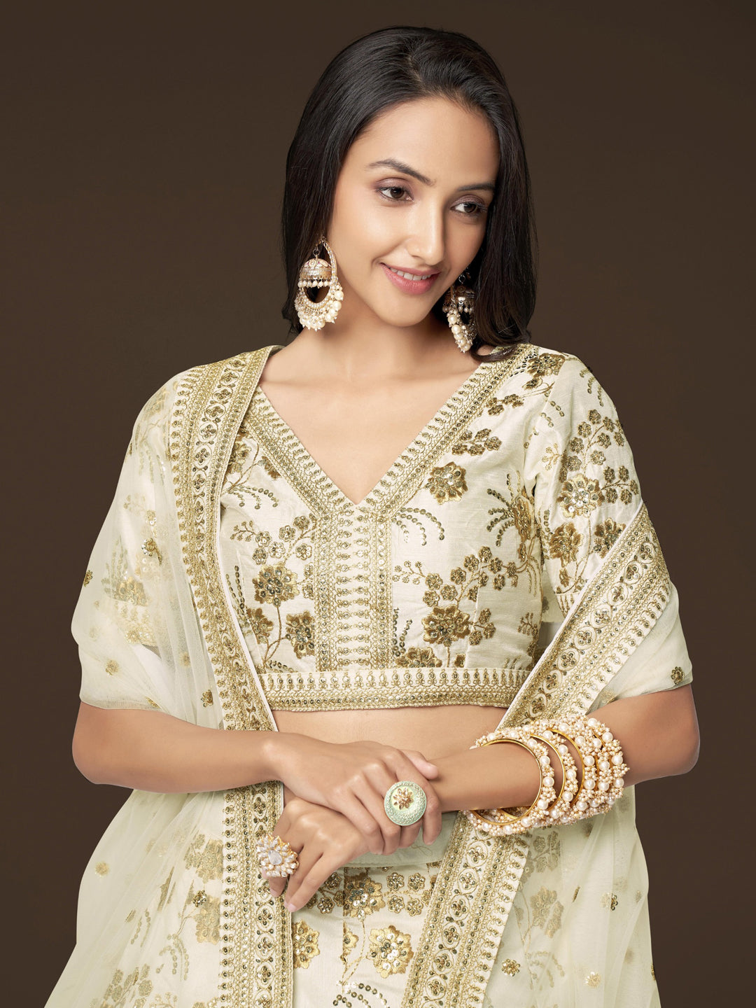 Slub Silk Traditional Reception Semi-Stitched Lehenga Choli In White color-41002