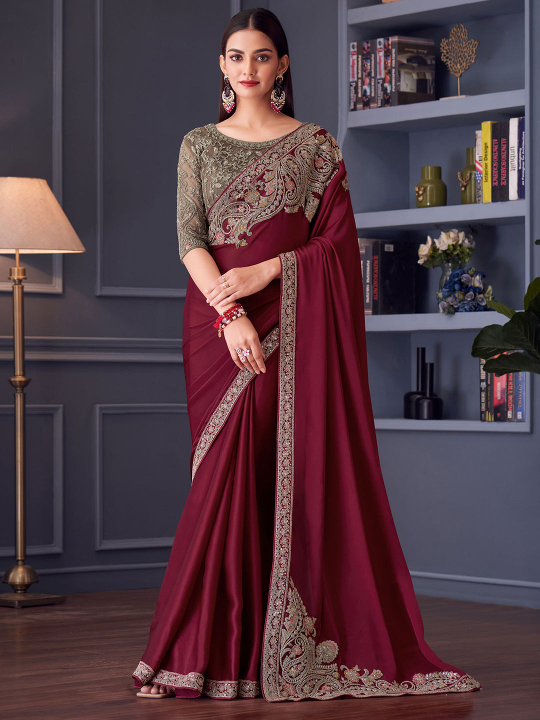 Embroidered Border Silk Saree in Maroon color-81146