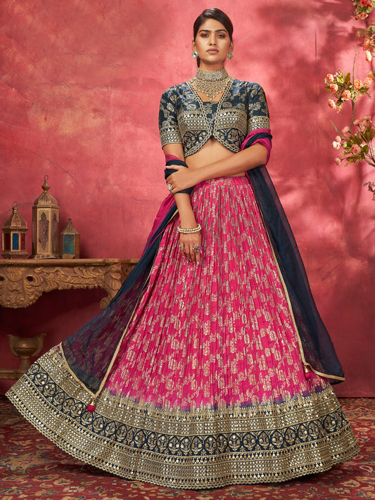 Embroidered Designer Jacquared Sangeet Mehedi Lehenga in Pink Color-81513
