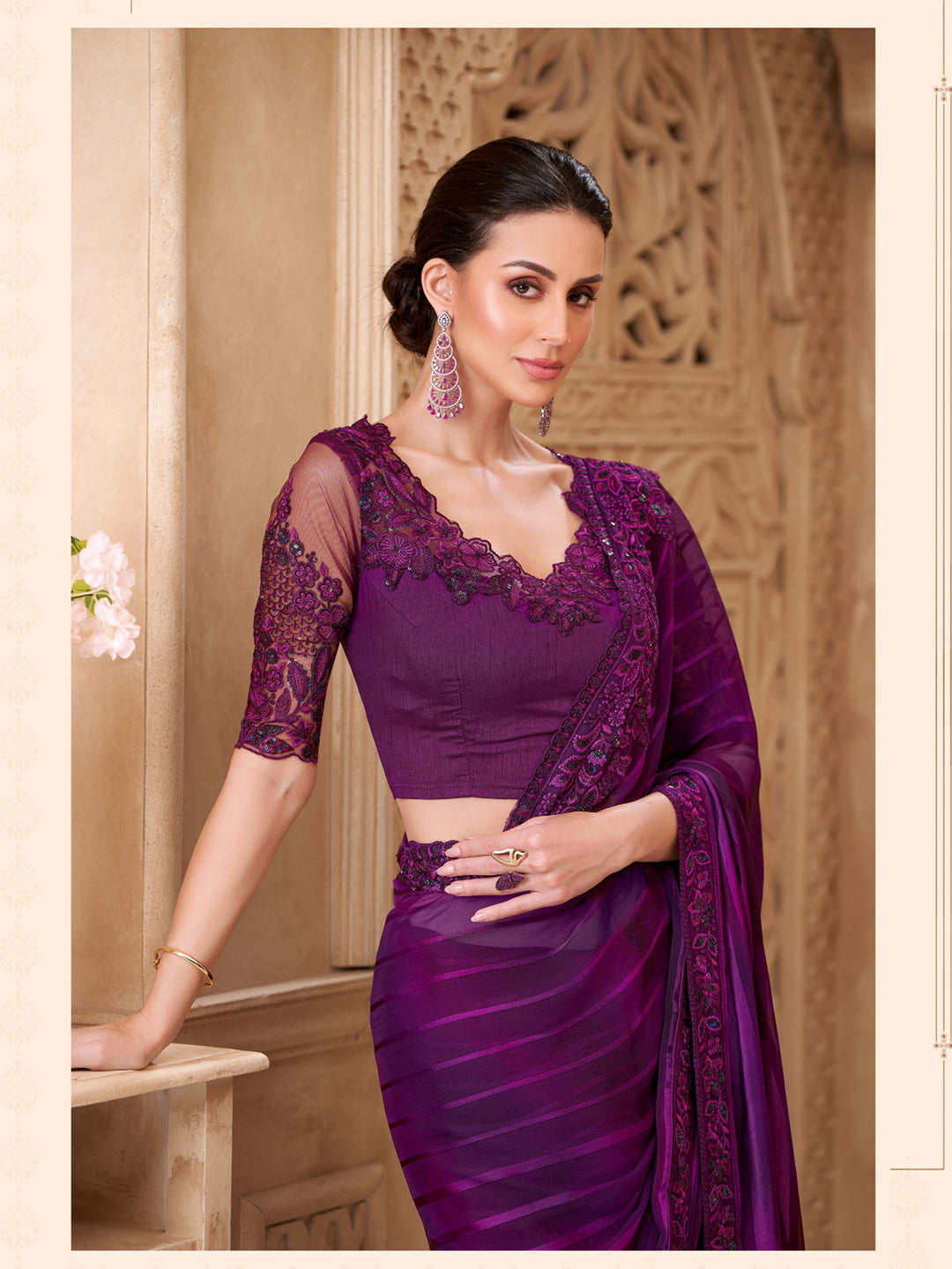 Mulberry Sartin Pattern Georgette with  Embroidery Saree-32003