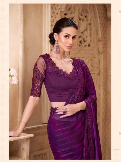 Mulberry Sartin Pattern Georgette with  Embroidery Saree-32003