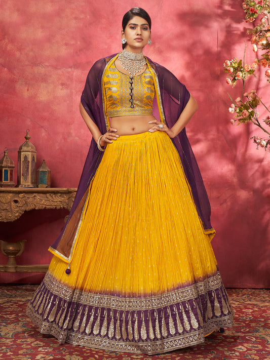 Embroidered Designer Jacquared Sangeet Mehedi Lehenga in Yellow Color-81512