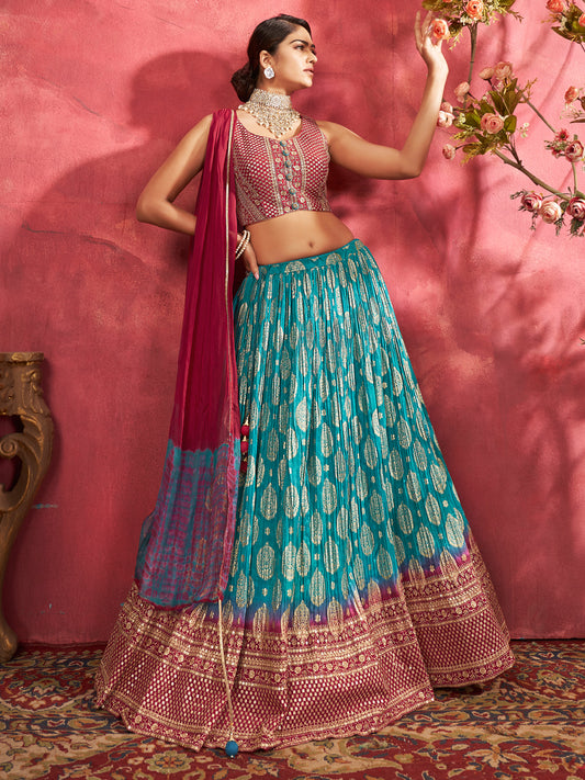 Embroidered Designer Jacquared Sangeet Mehedi Lehenga in Blue Color-81511