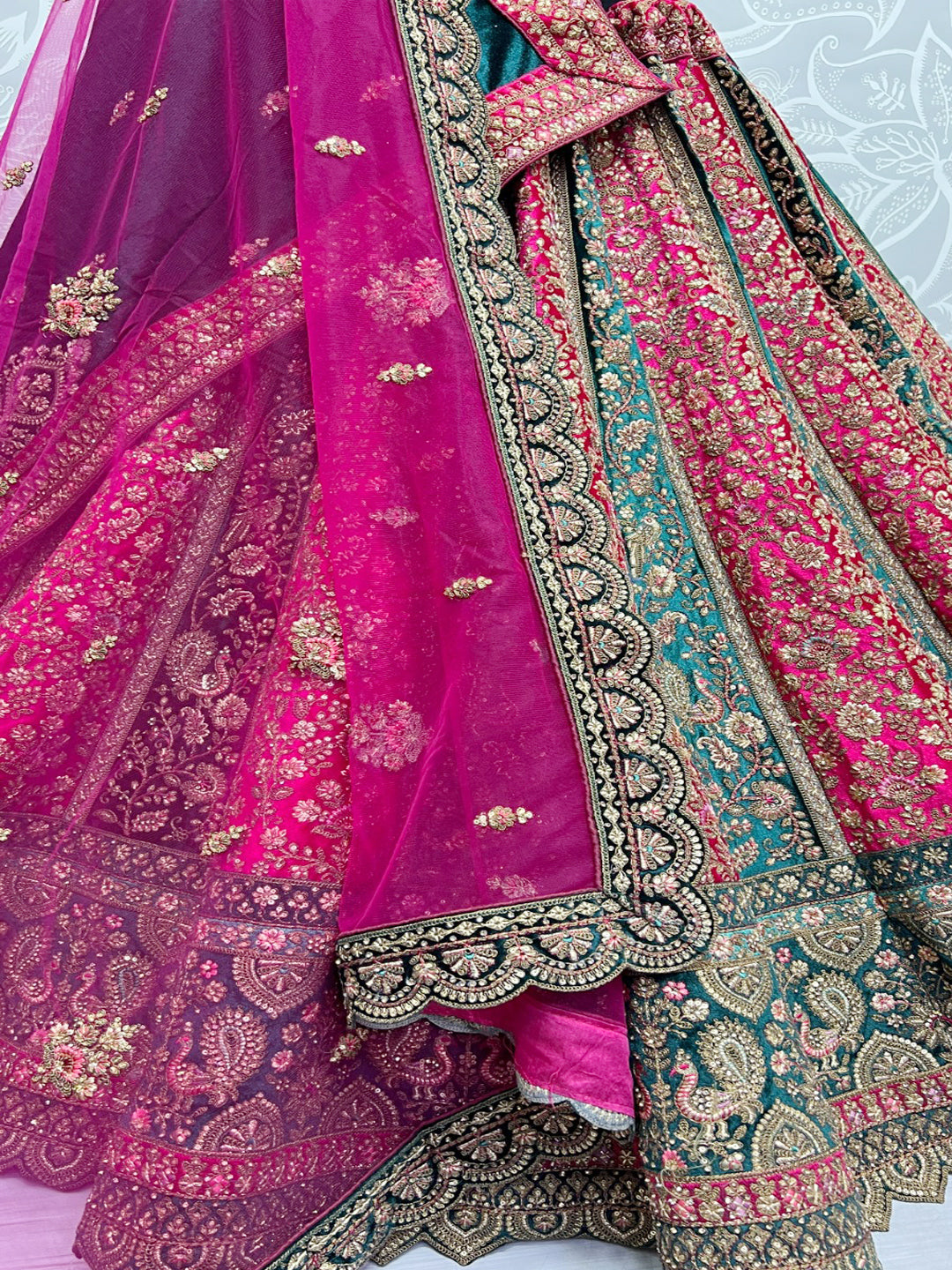 Velvet Embroidered Wedding Procession Bridal Lehenga Choli With Dori,  Thread, Zircon-Diamond Work And Soft Net Scalloped Dupatta | Exotic India  Art