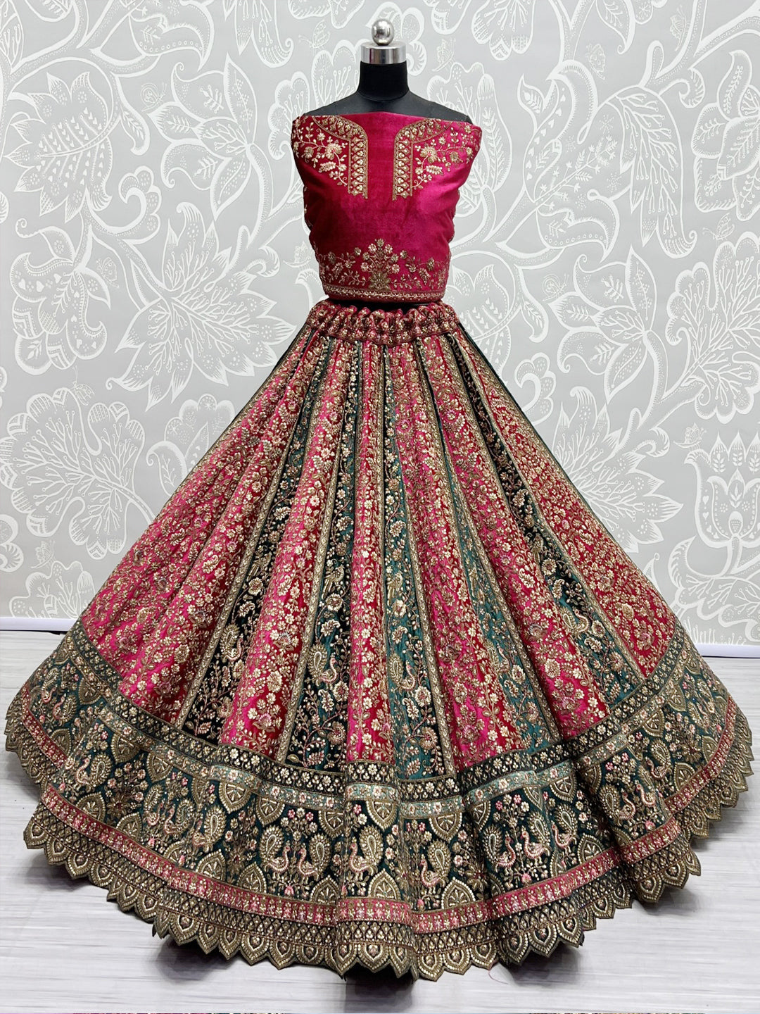 Embroidered Velvet Bridal Lehenga with Double Chunni in Multicolor-81810