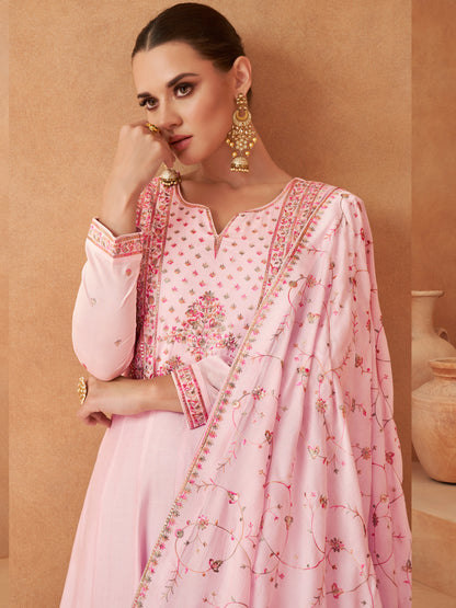 Embroidered Silk Free Size Stitched Flor lenght Salwar Kameez in Pink Color-81595