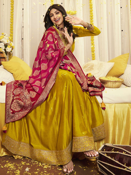 Meena Work Pure Viscose Dola Jacquard Hald and Sangeet Salwar Kameez in Yellow Color-81602