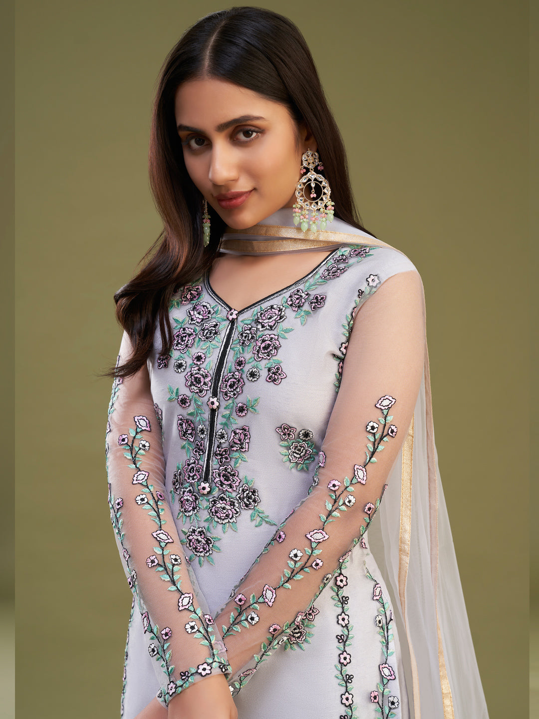 Thread Embroidered Banglori Silk and Net Salwar Kameez in White Color-81598