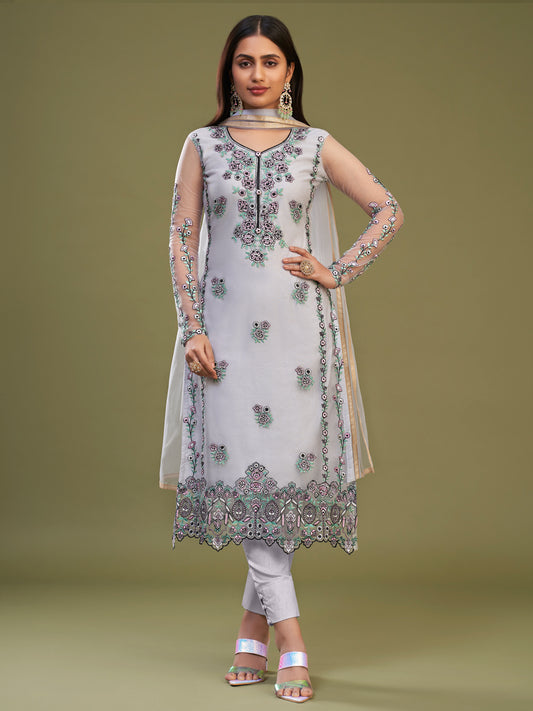 Thread Embroidered Banglori Silk and Net Salwar Kameez in White Color-81598