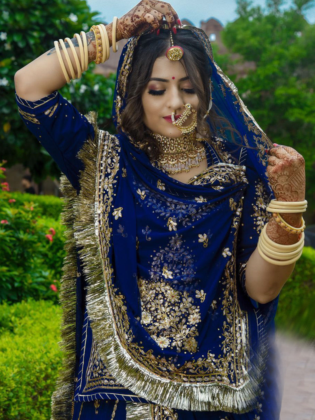 Zari Humrahi Pure Wedding Sangeet Rajputi Poshak In Blue Color61046 Saundaryam Fashions