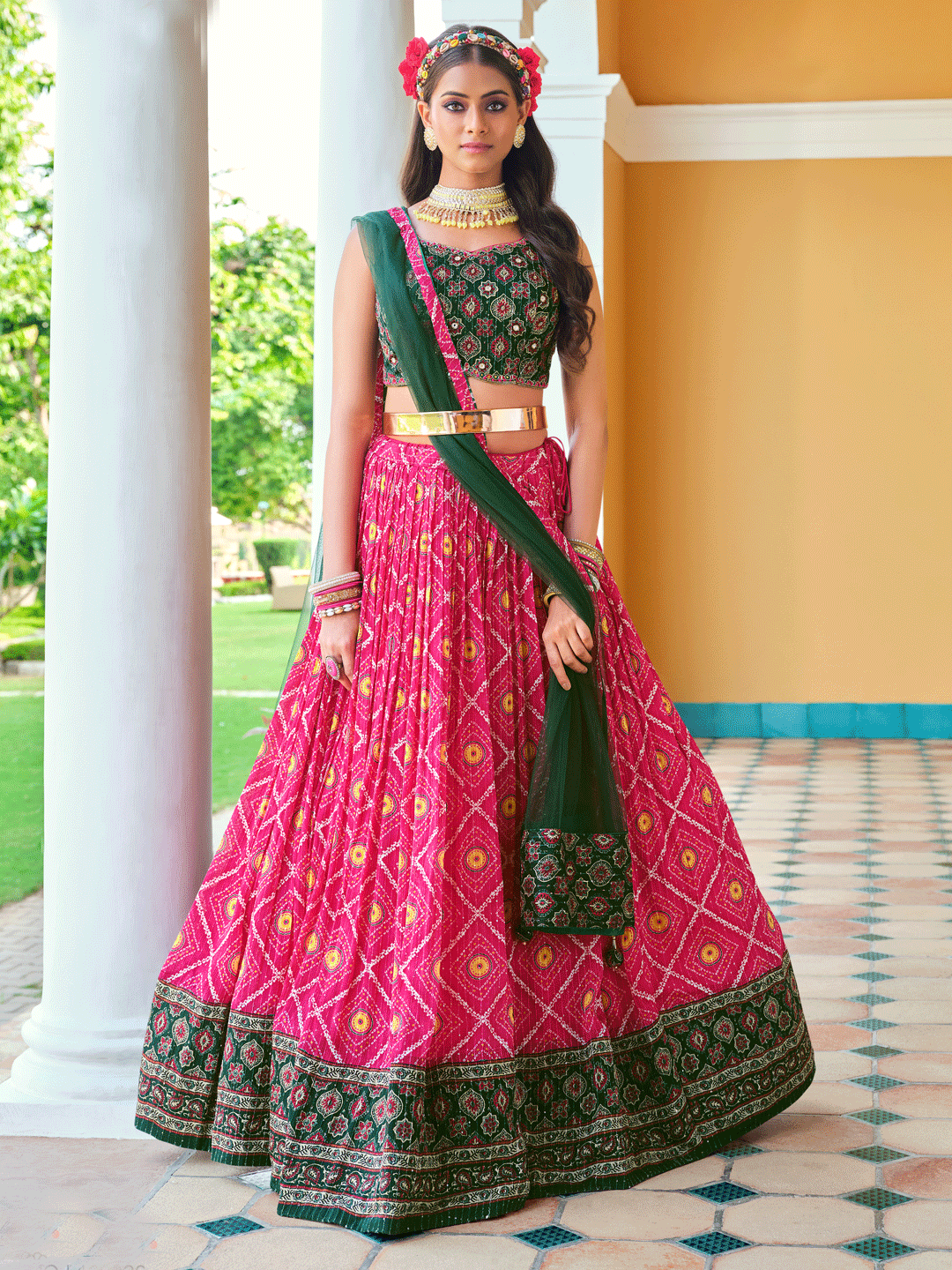 Digital Printed Pure Chinon Lehenga in Pink