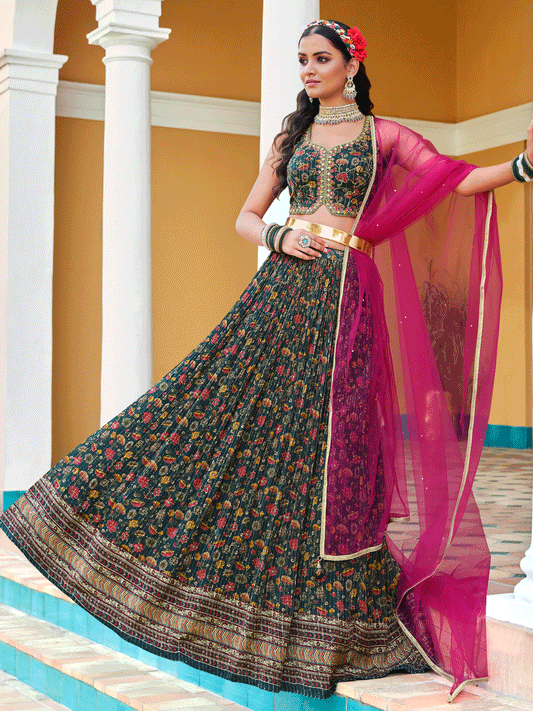 Digital Printed Pure Chinon Lehenga in Blue and Pink