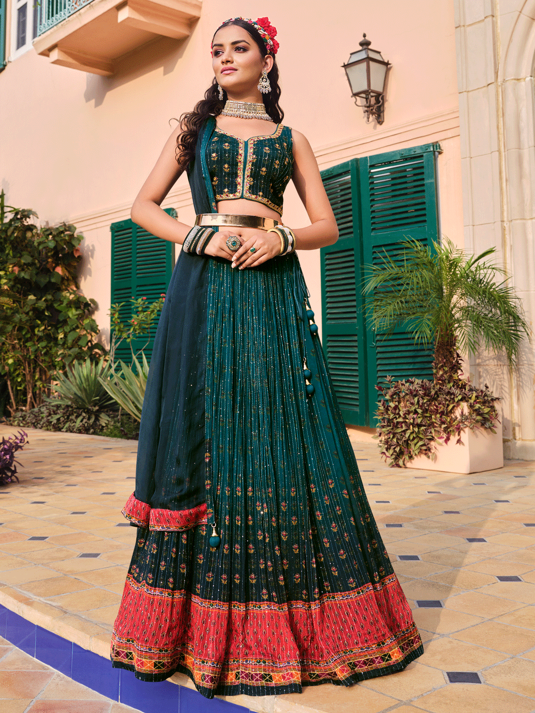 Digital Printed Pure Chinon Lehenga in Green