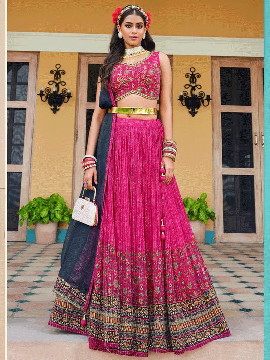 Digital Printed Pure Chinon Lehenga in Pink-91028