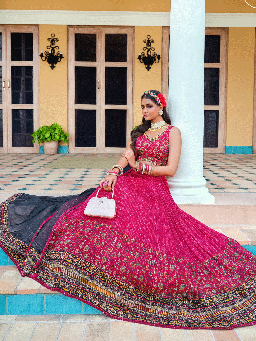 Digital Printed Pure Chinon Lehenga in Pink-91028