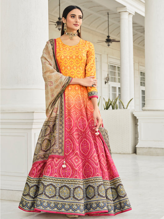 Jacquard And Bandhani Print Dolla Silk Gown style Salwar Kameez in Yellow and Pink Color-81353