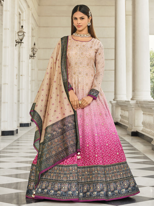 Jacquard And Bandhani Print Dolla Silk Gown style Salwar Kameez in Cream and Pink Color-81354