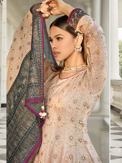 Jacquard And Bandhani Print Dolla Silk Gown style Salwar Kameez in Cream and Pink Color-81354