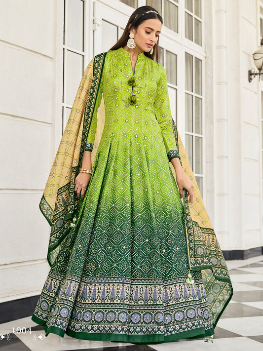 Jacquard And Bandhani Print Dolla Silk Gown style Salwar Kameez in Green Color-81355