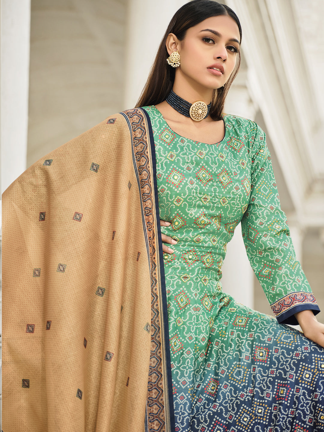 Jacquard And Bandhani Print Dolla Silk Gown style Salwar Kameez in Green and Blue Color-81356