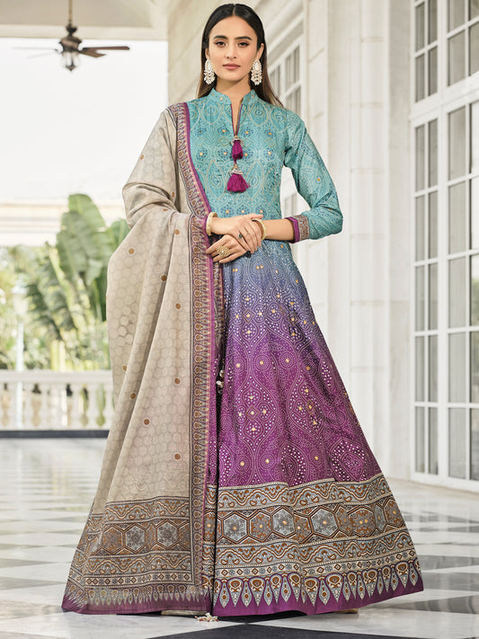 Jacquard And Bandhani Print Dolla Silk Gown style Salwar Kameez in Blue and Purple Color-81357