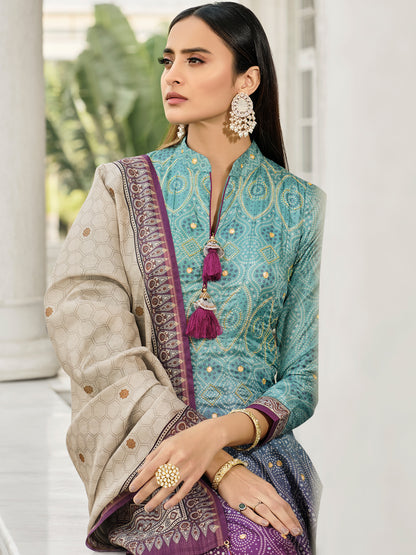 Jacquard And Bandhani Print Dolla Silk Gown style Salwar Kameez in Blue and Purple Color-81357