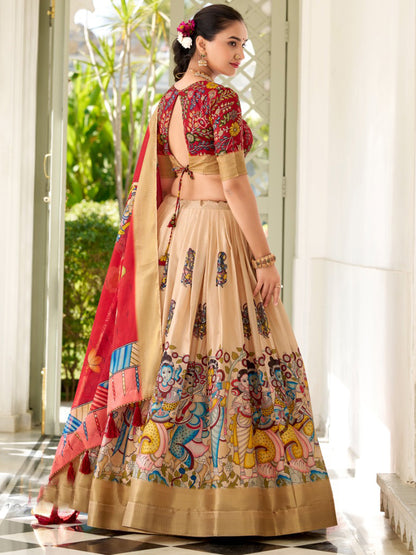 Kalamkari Printed Silk Semi-Stitched Lehenga Choli In Off White color -91077