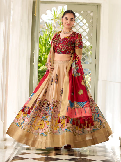 Kalamkari Printed Silk Semi-Stitched Lehenga Choli In Off White color -91077