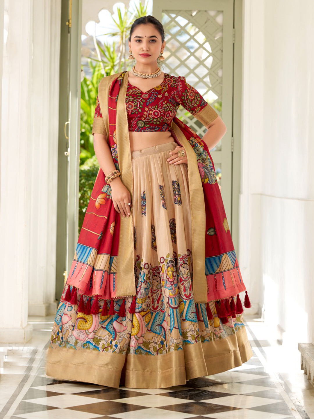 Kalamkari Printed Silk Semi-Stitched Lehenga Choli In Off White color -91077