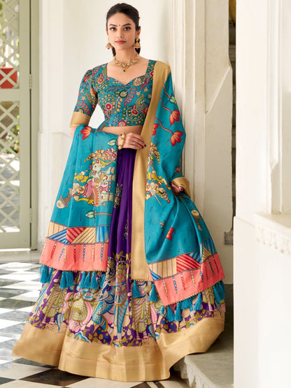 Kalamkari Printed Silk Semi-Stitched Lehenga Choli In Blue color -91078