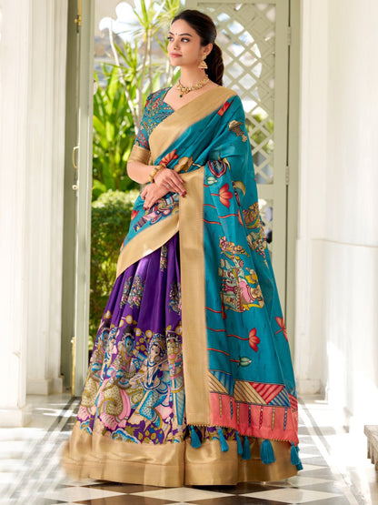 Kalamkari Printed Silk Semi-Stitched Lehenga Choli In Blue color -91078