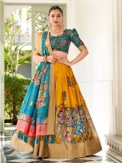 Kalamkari Printed Silk Semi-Stitched Lehenga Choli In Yellow color -91080