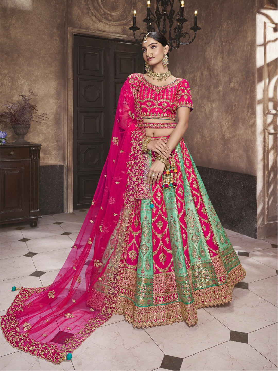 Embroidered Banarasi Silk Bridal Lehenga with Double Chunni in Multicolor Color-91033