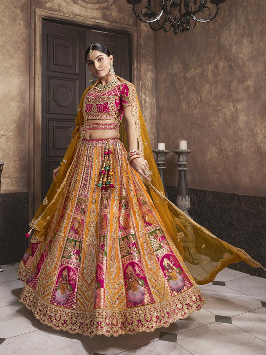 Embroidered Banarasi Silk Bridal Lehenga with Double Chunni in Multicolor Color-91034