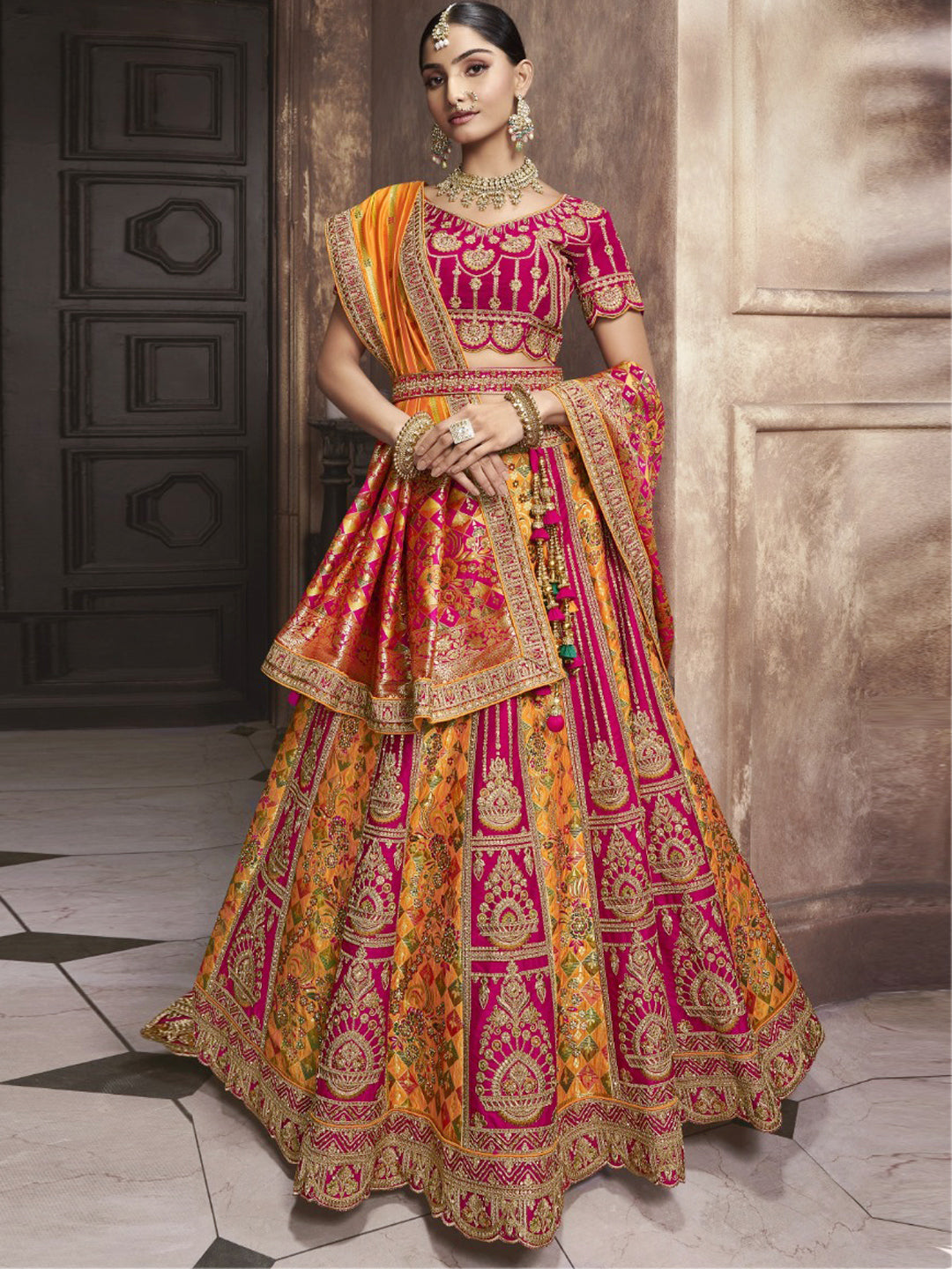 Embroidered Banarasi Silk Bridal Lehenga with Double Chunni in Multicolor Color-91036