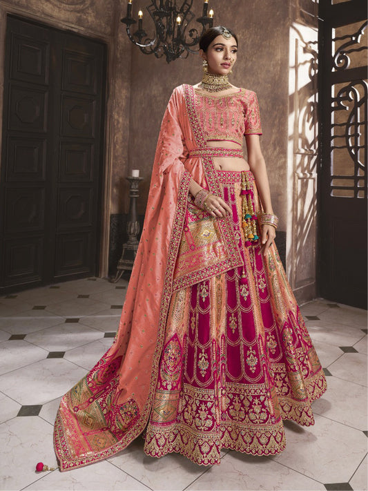 Embroidered Banarasi Silk Bridal Lehenga with Double Chunni in Multicolor Color-91037