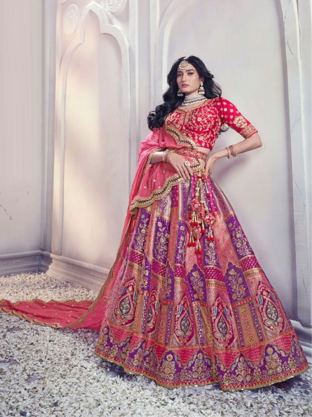 Embroidered Dola Silk Bridal Lehenga with Double Chunni in Multicolor Color--61147